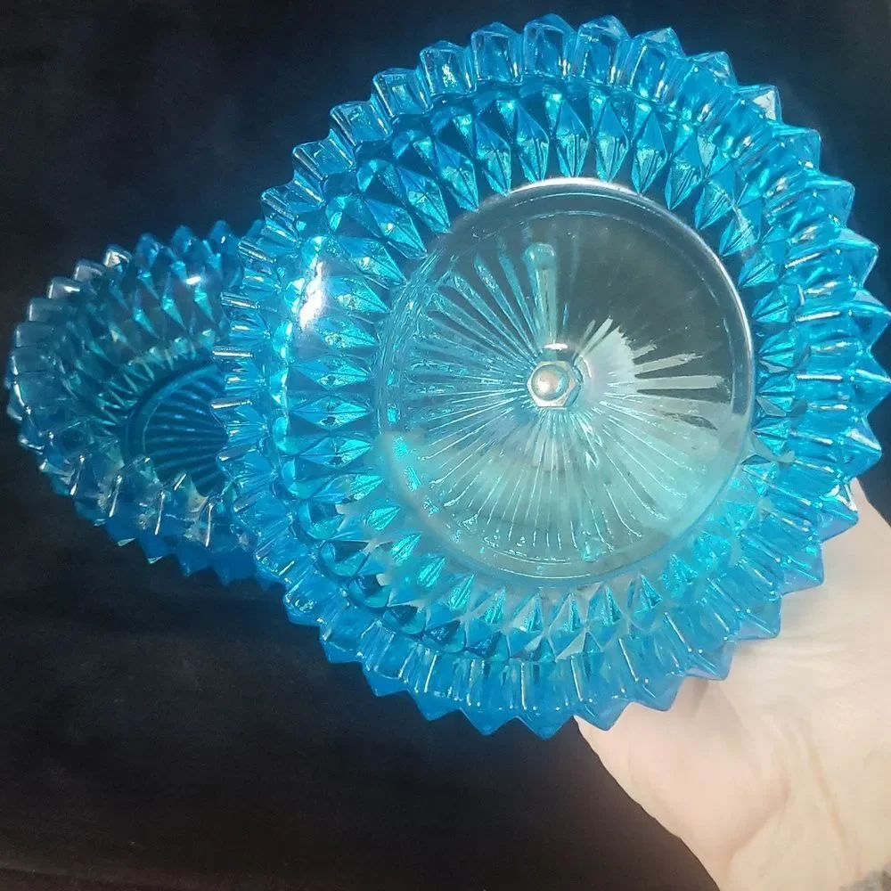 Vintage Blue Lead Crystal Candy Dish Trinket Dish w/ Lid